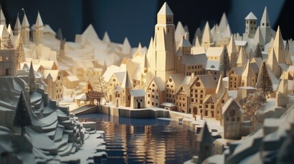 Origami Mastery of Medieval Alleys - Old World Villages in Paper Folds - Quaint Homes and Streets in Origami Design - Delicate Cityscape in Paper Art Background created with Generative AI Technology - obrazy, fototapety, plakaty