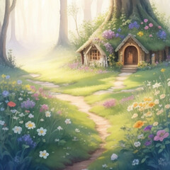 fairy tale, house, tree, illustration, landscape, nature,  , AI , creation 