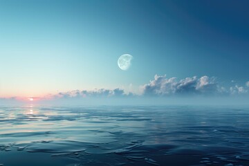 Fototapeta na wymiar A mesmerizing background image, showcasing the moon in a clear sky over the icy ocean, creating a serene atmosphere for your designs. Photorealistic illustration, Generative AI