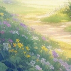 Fototapeta premium , illustration, landscape, nature, AI, creation, grass, garden, , beautiful, road, forest, flower 