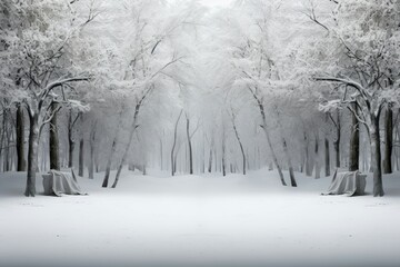 A black and white background image, showcasing a forest buried under a thick layer of snow, creating a monochromatic and serene winter scene. Photorealistic illustration, Generative AI