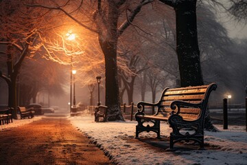 Fototapeta na wymiar A serene backdrop for creative content in December, depicting a snow-covered park and illuminated lamp posts, creating a tranquil and wintry atmosphere. Photorealistic illustration, Generative AI