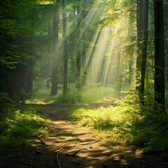 Obraz premium Morning in a birch grove in the rays of the sun. Beautiful summer landscape of clean woods with sunbeams and rays of light flashing through the trees. Ecology and environment concept.