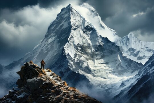 A wallpaper showcasing a snow-covered mountain peak with a lone adventurer on their way to climb, inspiring an adventurous atmosphere. Photorealistic illustration, Generative AI