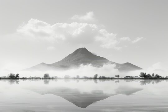 A black and white background image, depicting a mountain seen across a lake with its reflection on the water, creating a timeless and serene landscape. Photorealistic illustration, Generative AI