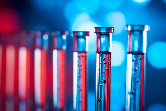 Fila de tubos de ensayo. Concepto de laboratorio médico o científico, gota de líquido con cuentagotas en fondo de tono rojo azulado, primer plano, imagen de fotografía macro.