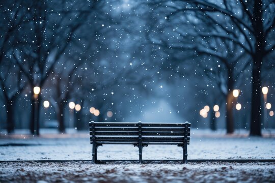 A peaceful background image for creative content, featuring a bench in a snowy park at dawn, capturing the serene beauty of a winter morning scene. Photorealistic illustration, Generative AI