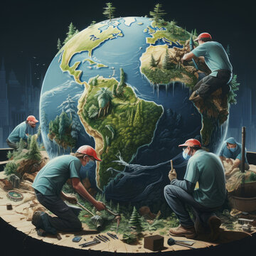 People taking care of a miniature earth. Vector illustration of a small planet Earth with men maintaining it. Tiny globe with workers saving the environment, artwork. Ecology and environment concept