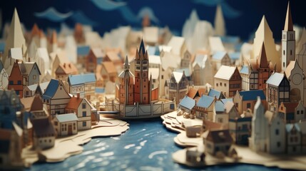 Origami Mastery of Medieval Alleys - Old World Villages in Paper Folds - Quaint Homes and Streets in Origami Design - Delicate Cityscape in Paper Art Background created with Generative AI Technology - obrazy, fototapety, plakaty