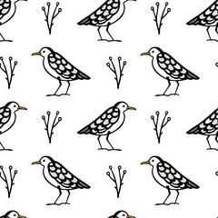 Vector seamless pattern with hand drawn cute seagulls made in decorative style. Beautiful animal design elements, ink drawing. Perfect for prints and patterns