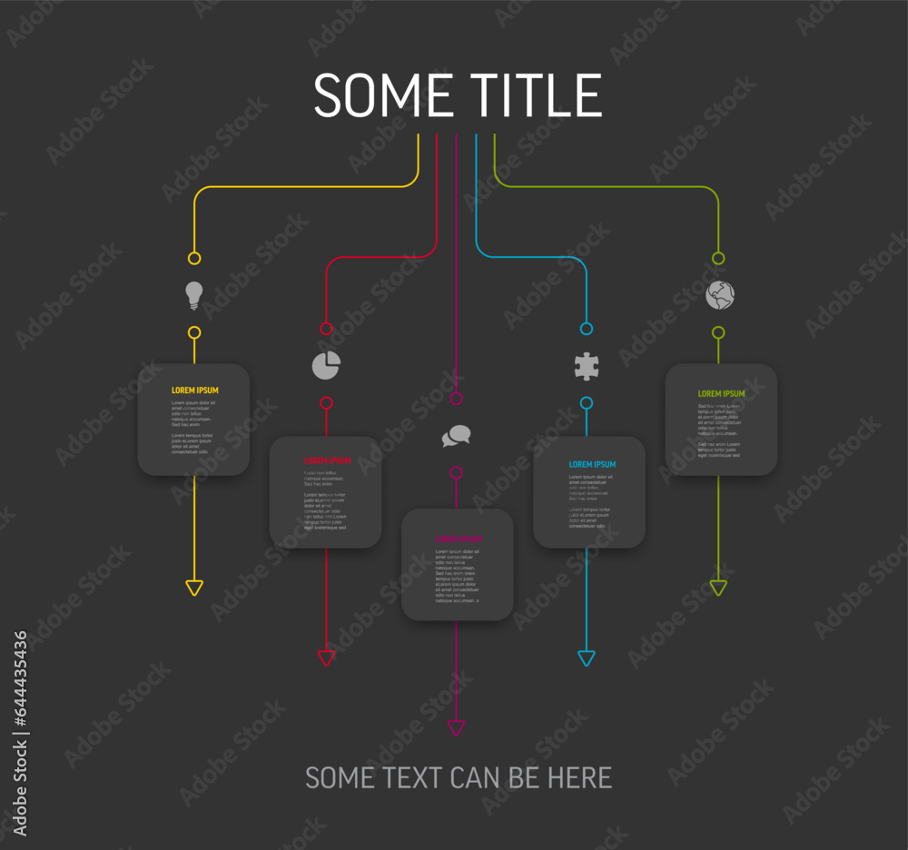Poster dark five content block template with dark gray square cards colorful lines icons and description
