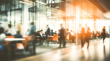 Modern office interior design with business people sitting at conference table. Coworkers at meeting in contemporary workplace with glass walls