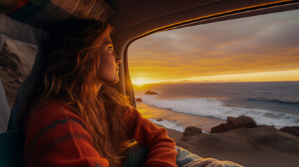 Woman Gazing at the Beach Sunset from Inside a Camper