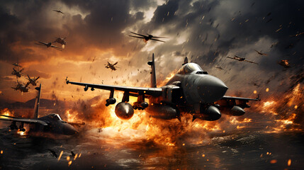 fighter planes on the battlefield with a hail of bullets and bombs