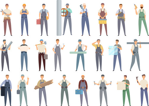 Fitter icons set cartoon vector. Service people. Water work