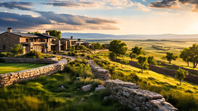 Handcrafted stone walls bordering lush pastures,