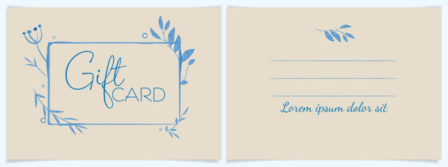 Minimalistic floral elegant gift card set design, watercolor blue line drawing on beige paper.Stylish vector.