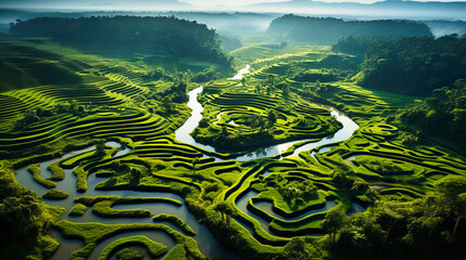 Canals crisscrossing paddy fields in intricate patterns, - obrazy, fototapety, plakaty