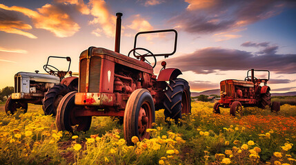 Old tractors resting amidst wildflower meadows
