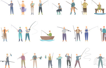 Fototapeta na wymiar Grandfather fishing icons set cartoon vector. Man nature. Travel time