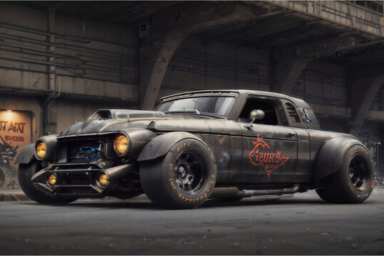 Illustration eines langen chopped Ratten Hot Rods cyberpunk Autos