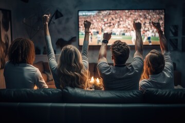 Sport fans party cheer and celebrating a winning tournament and watching TV at home. Generative AI - obrazy, fototapety, plakaty