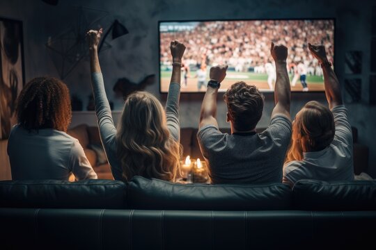 Sport Fans Party Cheer And Celebrating A Winning Tournament And Watching TV At Home. Generative AI