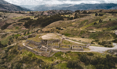 Aerial view of Ruins of the Inca fortress of Puka Pukara outside of Cusco, Peru