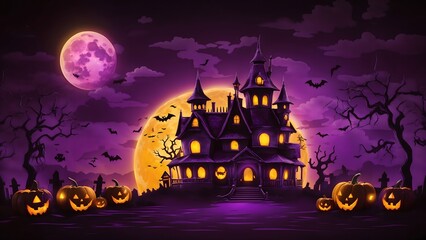 Happy halloween background with scary pumpkins with spooky castle, flying bats and full moon.  illustration for happy halloween card, flyer, banner and poster AI Generative