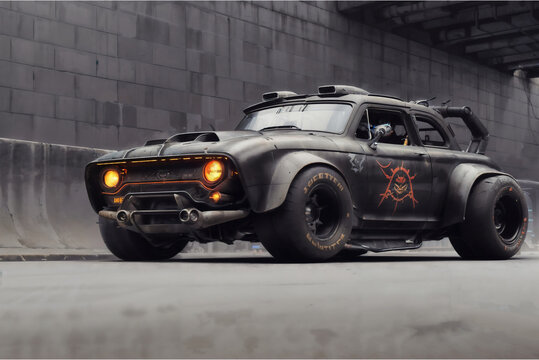 Illustration eines kurzen Ratten Hot Rods cyberpunk Autos