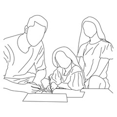 Loving mom and dad helping cute kid drawing. Vector line art is isolated on a white background.