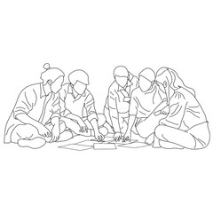 Line art of a group of students together in a circle engaged in a lively discussion