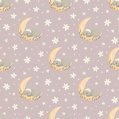 seamless pattern of cats on the moon with flowers, pattern designs the pink sky with cats and hеarts, patterns for fabric, packaging, stationery, clothes with cats, moon, flowers, hеarts