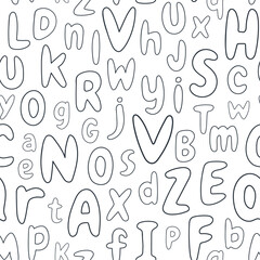 Seamless pattern alphabet letters in outline hand drawn. Calligraphy line backdrop. Abc symbols wallpaper, wrapping paper, textile, creative design idea. Vector simple line background