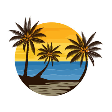 beach vector logo. concept of beach, palm trees and sunset.