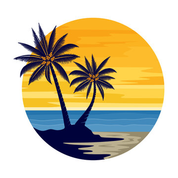 beach logo design inspiration. sunset, coconut trees, palms and beach.