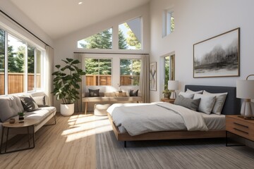 Spacious timeless beauty traditional modern residential with scandinavian danish mcm interior design white neutral walls and cozy bedding with nature views and plants