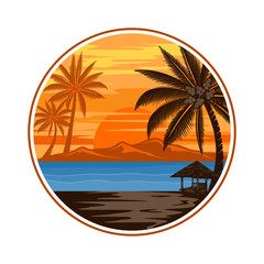 beach and sunset logo design. sunset and palm tree concept
