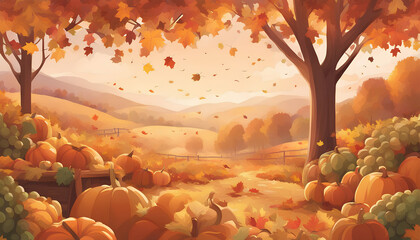 Naklejka na ściany i meble autumn landscape with pumpkins and trees, autumn landscape with harvest