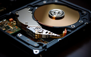  computer media. HDD with cover removed. The photo was taken with a haze effect. Hard drive on a black background