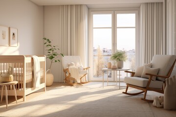 Modern Beige Clean Nursery Sunny Interior with Indoor Plants