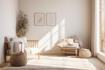 Fototapeta na wymiar Spacious White Modern Nursery with Wood Accent Chair and Minimal Staging with Baskets