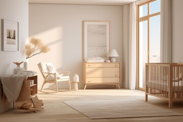 Fototapeta na wymiar Natural Baby Nursery with Wood Rocking Chair and Luxury Modern Architecture 