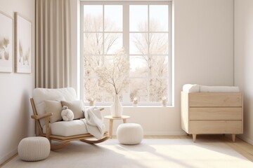 Fototapeta na wymiar Luxury White Modern Nursery Room Interior with Nordic Wood Dresser and White Linen Rocking Chair and Throw Pillows