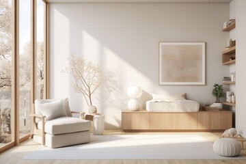 Beige Modern Living Area Apartment Space with Wood Console Table and Table Lamp