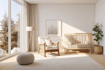 Fototapeta premium Calm Modern Bright Apartment Nursery Interior with Accent Chair, Wooden Crib and White Pouf