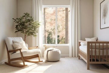 Neutral Sustainable Modern White Baby Nursery with Clean Crib and Indoor Tree in Fall Season