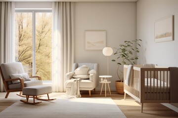 Cozy Fall Modern Nursery Interior with Indoor Tree in Corner with Linen Rocking Chair with Foot Rest