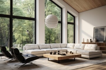 Rustic Modern Sleek White Living Room Interior with Wood Accent Ceiling and Paper Ceiling Light with Black Leather Accent Chairs