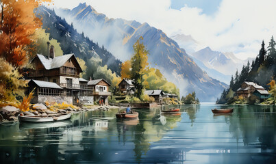 Fototapeta premium Watercolor, landscape with houses on the lake.